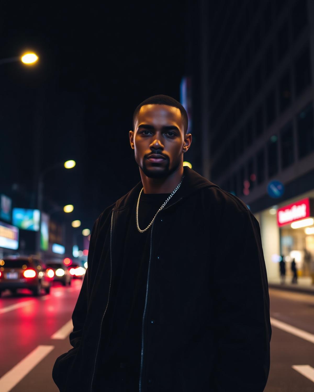 Man in all-black streetwear on a neon city street