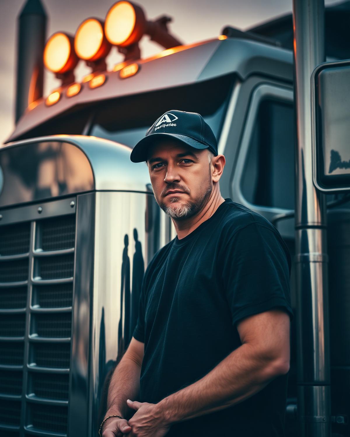 Driver in a black cap beside a chrome semi truck