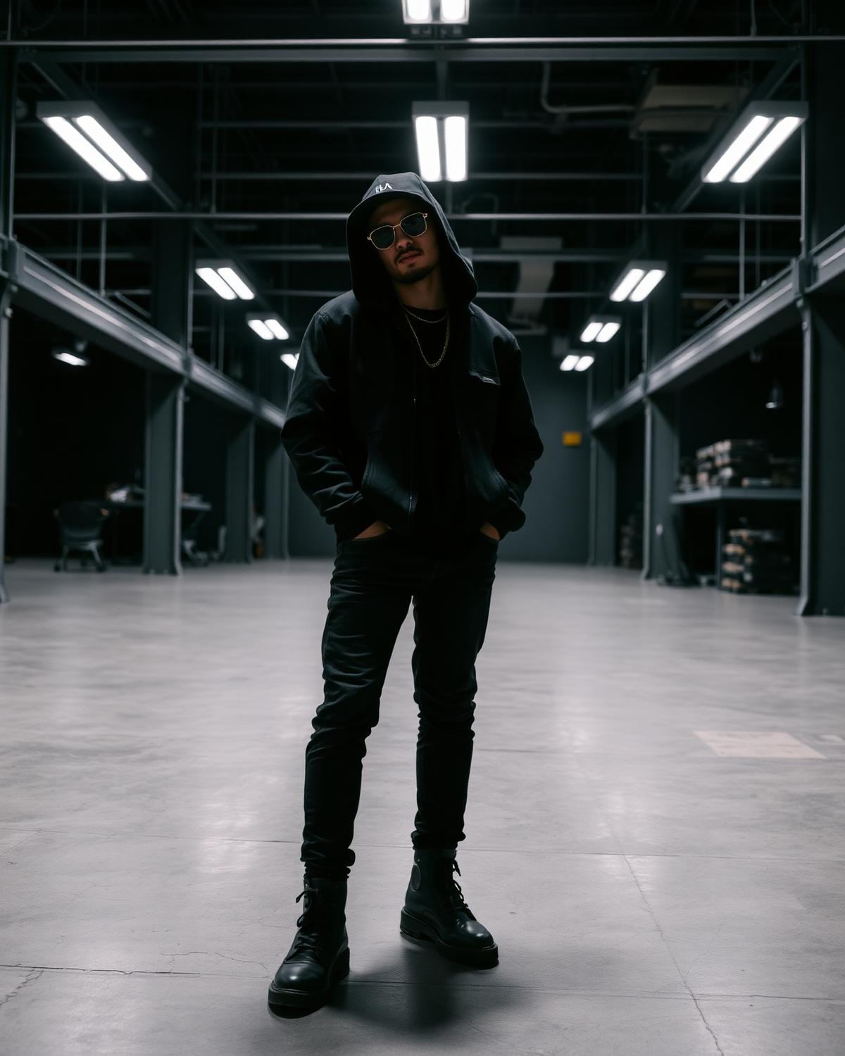 Entrepreneur in black streetwear in a warehouse at night