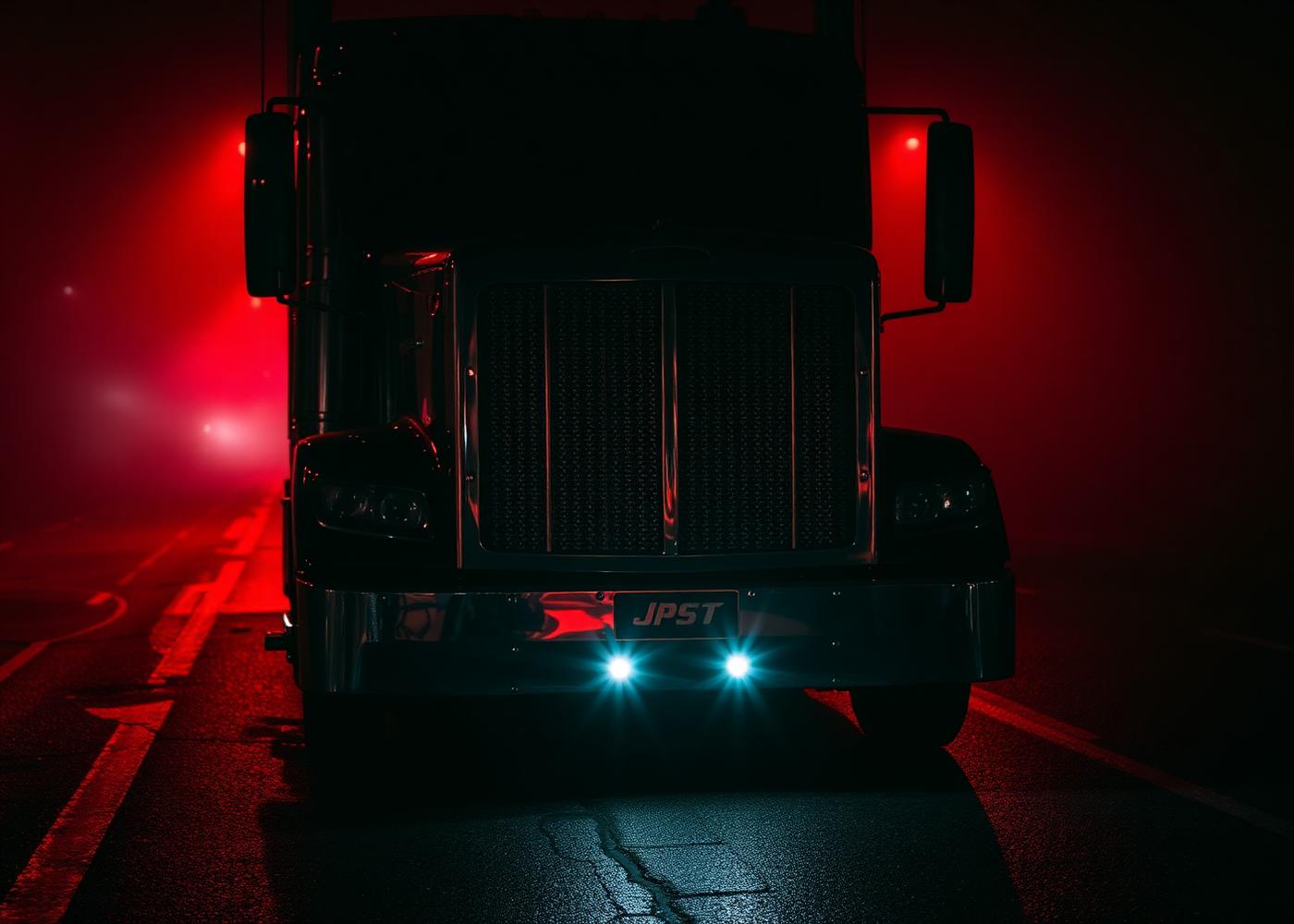 Chrome semi-truck grille glowing in red fog at night